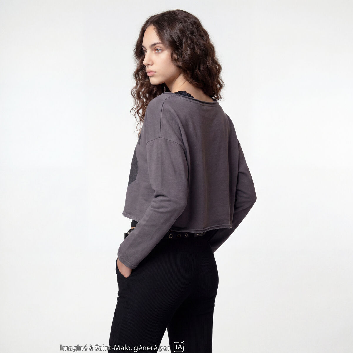 Sweat oversize cropped col bateau gris