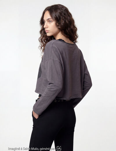 Sweat oversize cropped col bateau gris