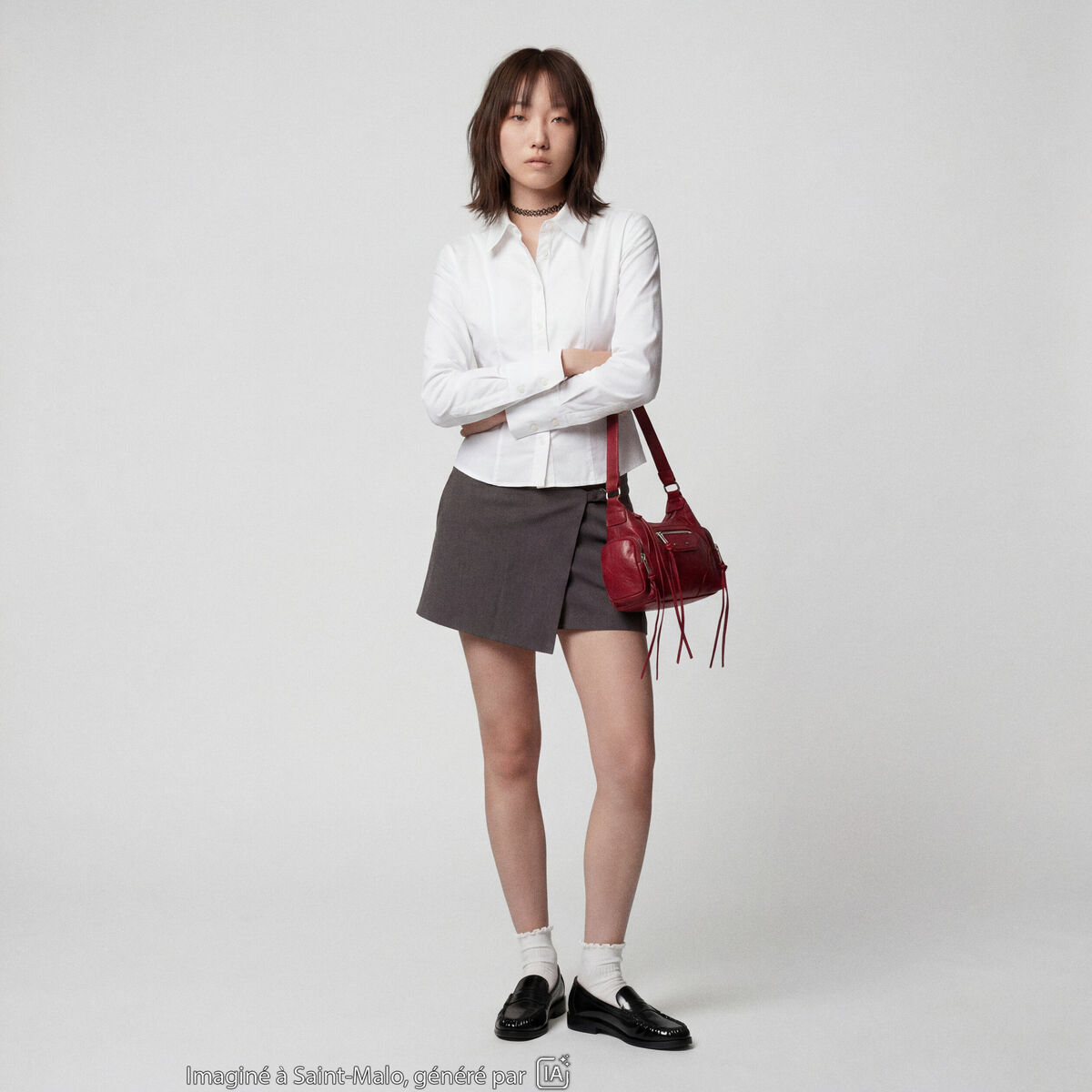 Jupe-short taille haute avec ceinture gris fonc&eacute;