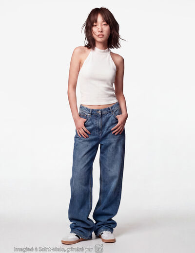 Crop top ajust&eacute; sans manches brillant ecru