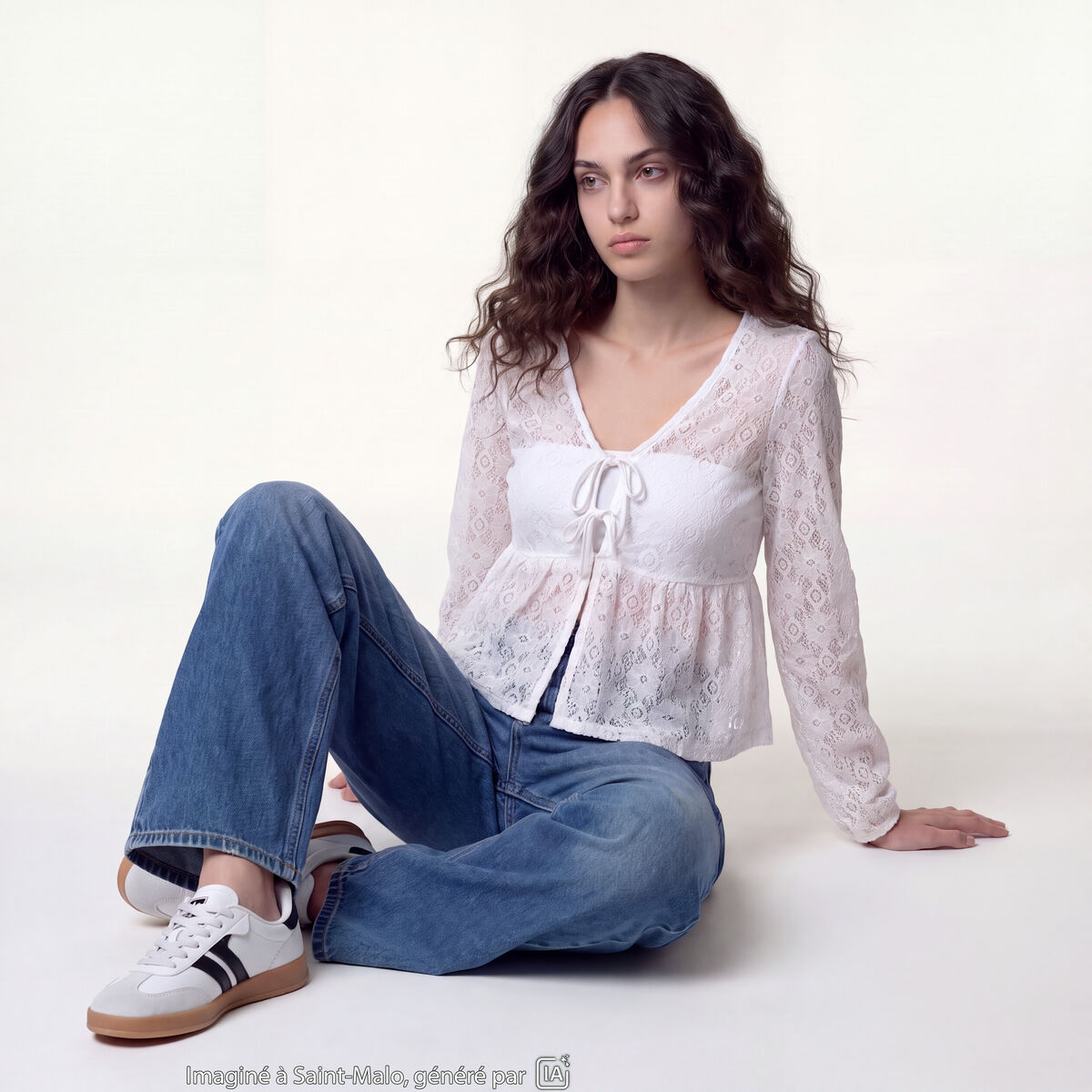 Chemise cintr&eacute;e dentelle col en V ecru