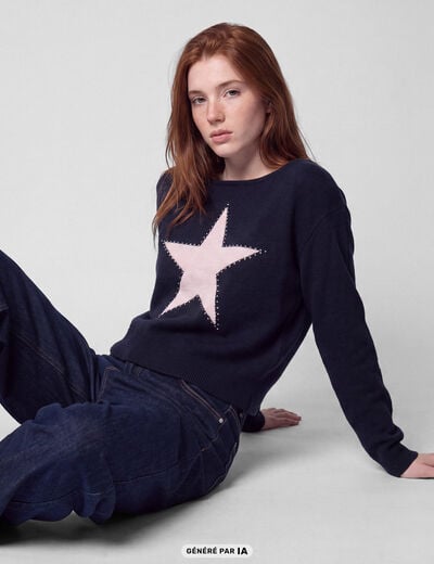 Pull col bateau manches longues strass bleu marine