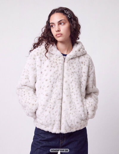 Blouson capuche fausse fourrure beige fonce