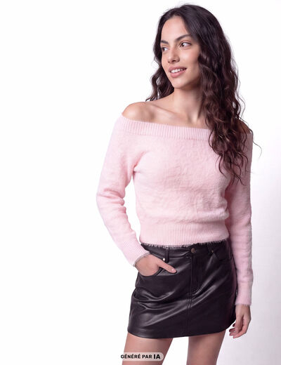 Pull ajust&eacute; manches longues col bateau rose clair