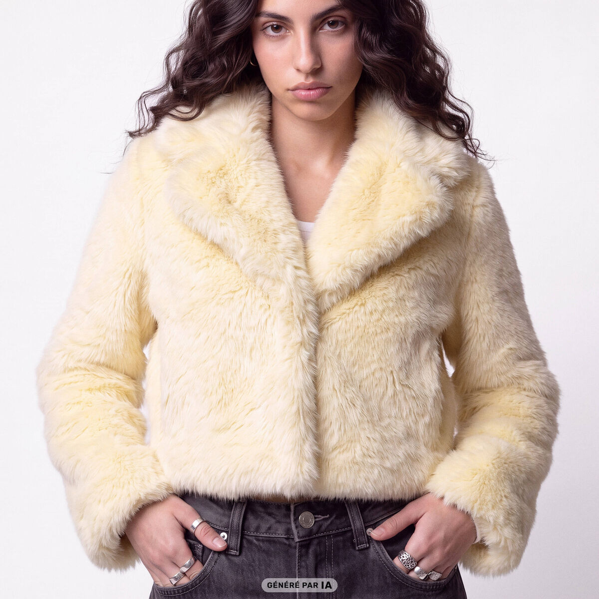 Manteau droit cropped fausse fourrure jaune clair