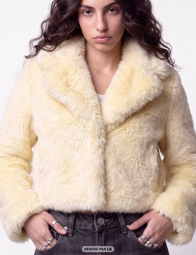 Manteau droit cropped fausse fourrure jaune clair