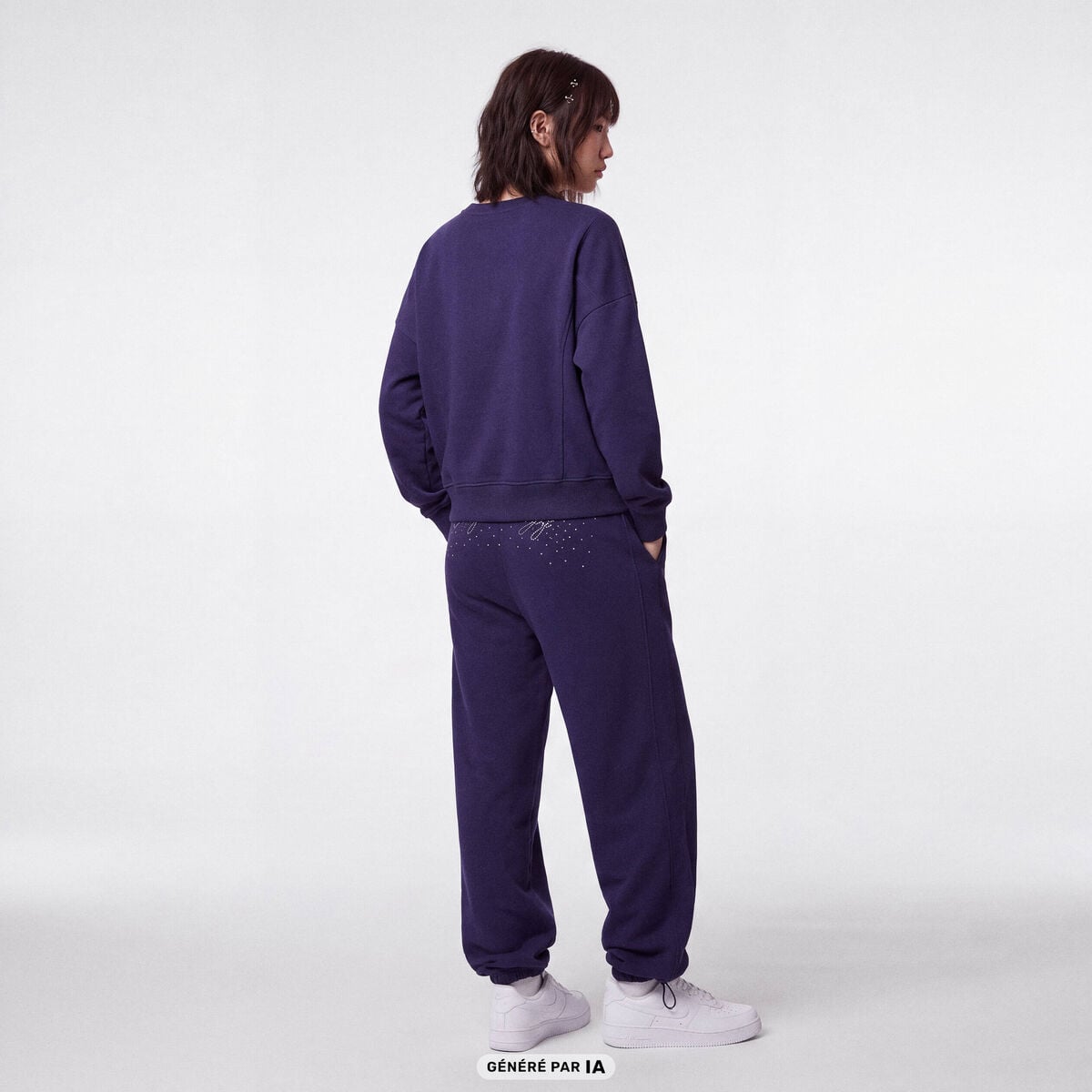 Sweat col rond manches longues strass bleu marine