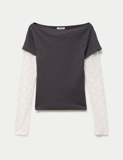 Haut double col bateau manches longues gris