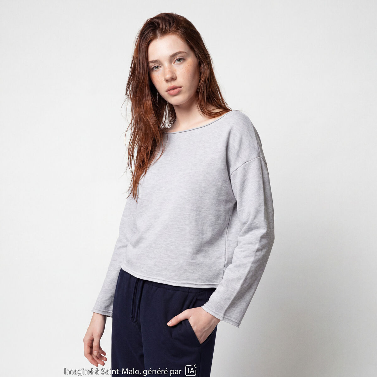 Sweat oversize cropped col bateau gris clair