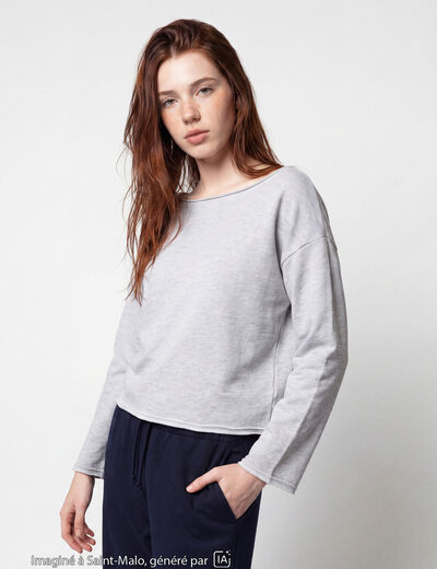 Sweat oversize cropped col bateau gris clair