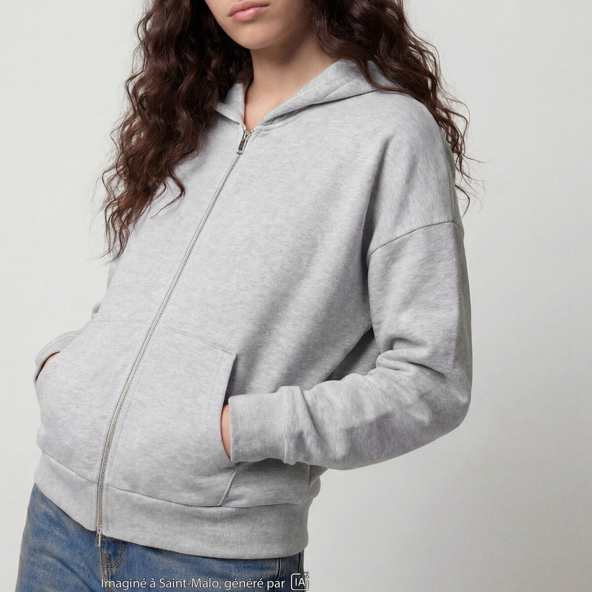 Sweat oversize court &agrave; capuche gris clair