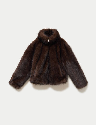 Manteau droit court fausse fourrure marron fonc&eacute;
