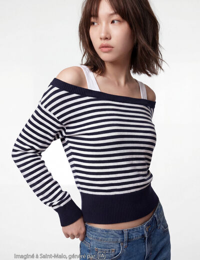 Pull col bateau manches longues bleu marine
