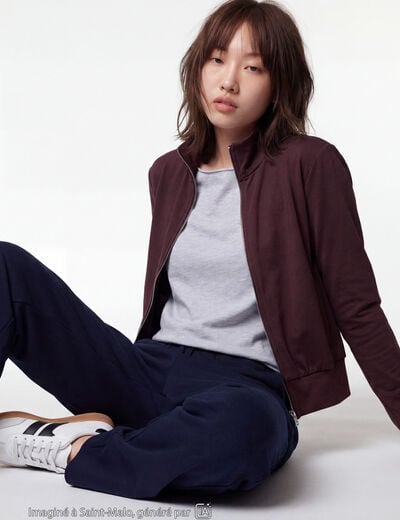 Gilet droit cropped col montant marron fonc&eacute;