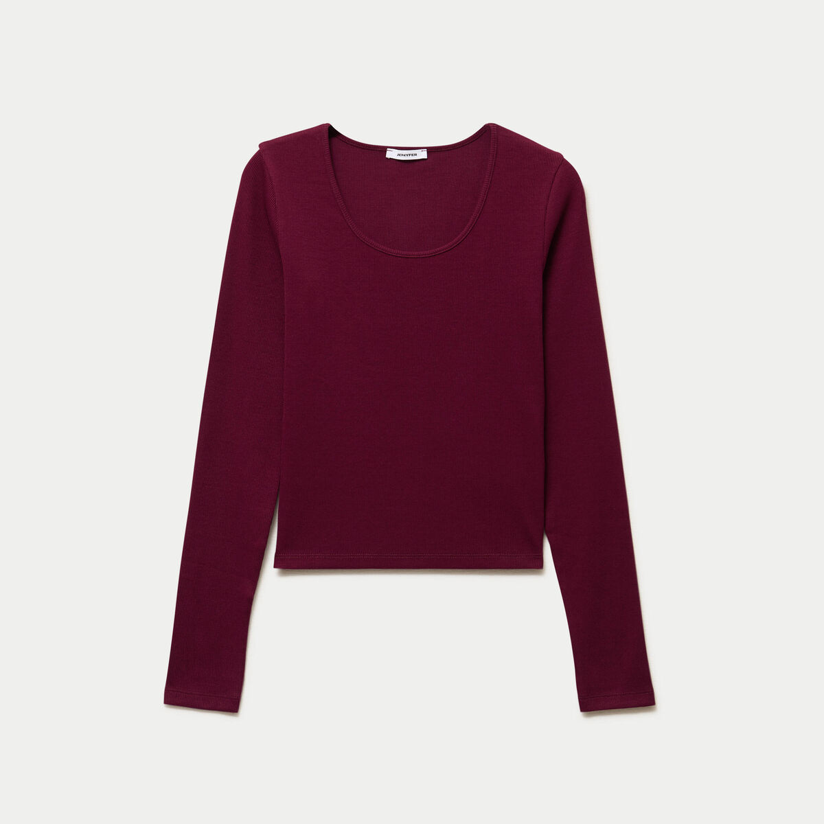 T-shirt ajust&eacute; col rond manches longues bordeaux