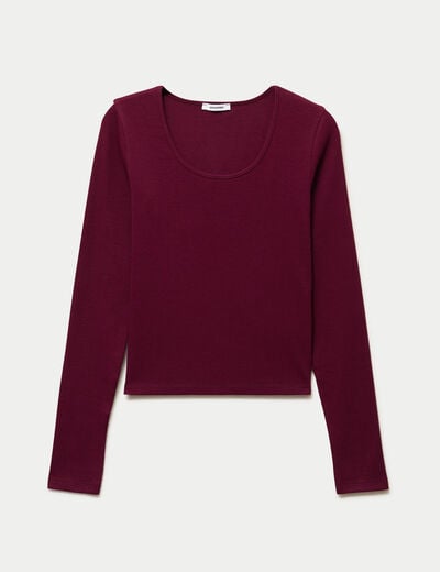 T-shirt ajust&eacute; col rond manches longues bordeaux