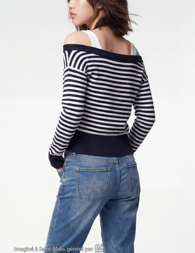 Pull col bateau manches longues bleu marine