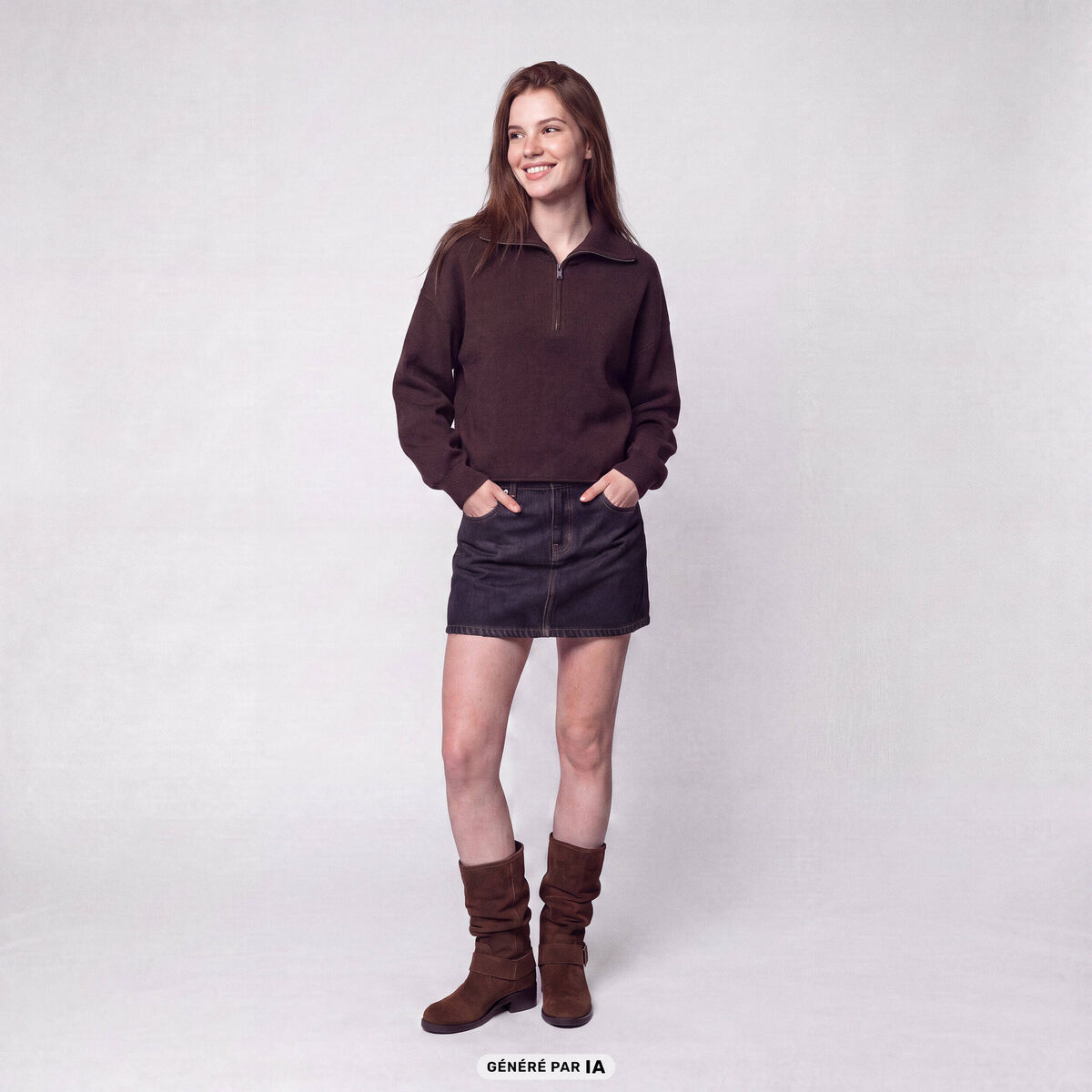 Pull col camionneur manches longues marron fonc&eacute;