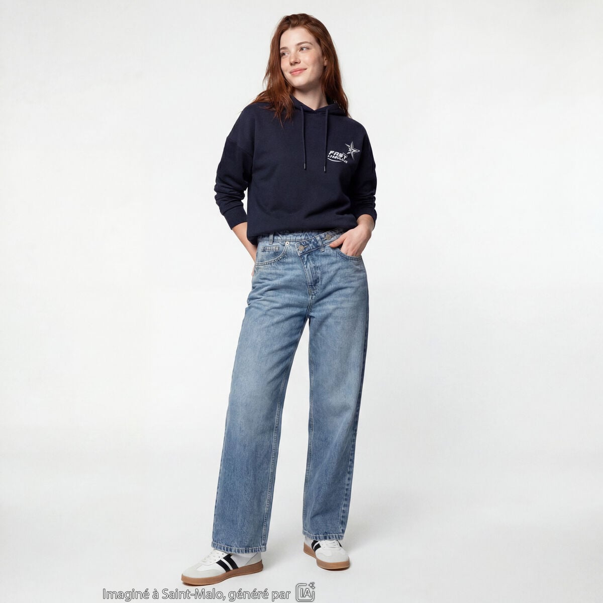 Jean Lenny wide leg taille crois&eacute;e denim double stone