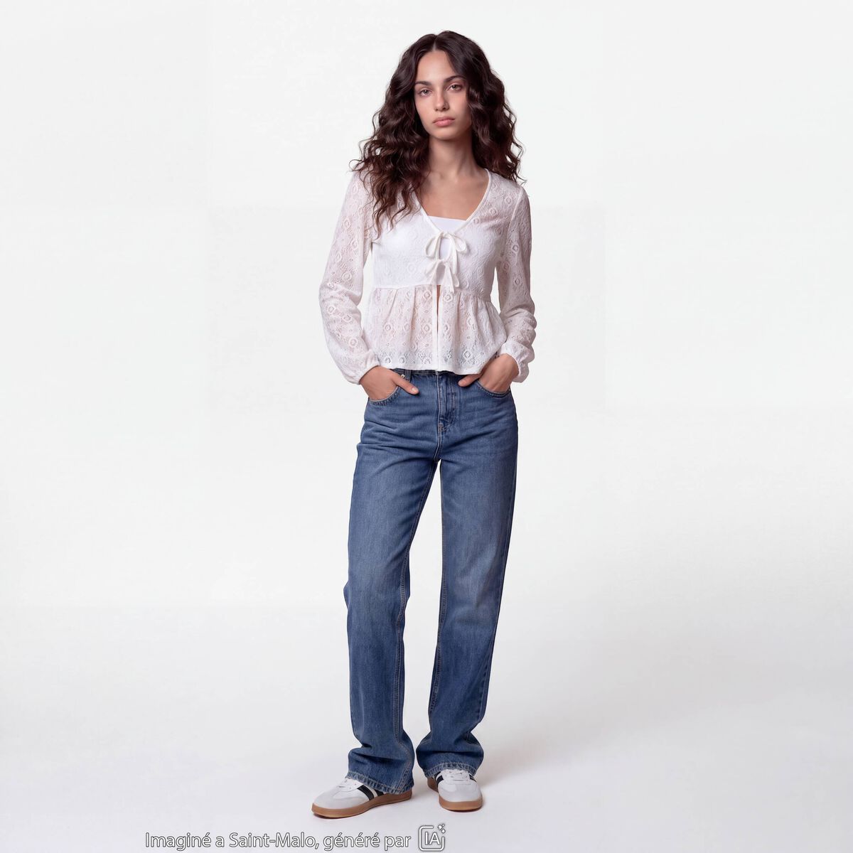 Chemise cintr&eacute;e dentelle col rond ecru ado