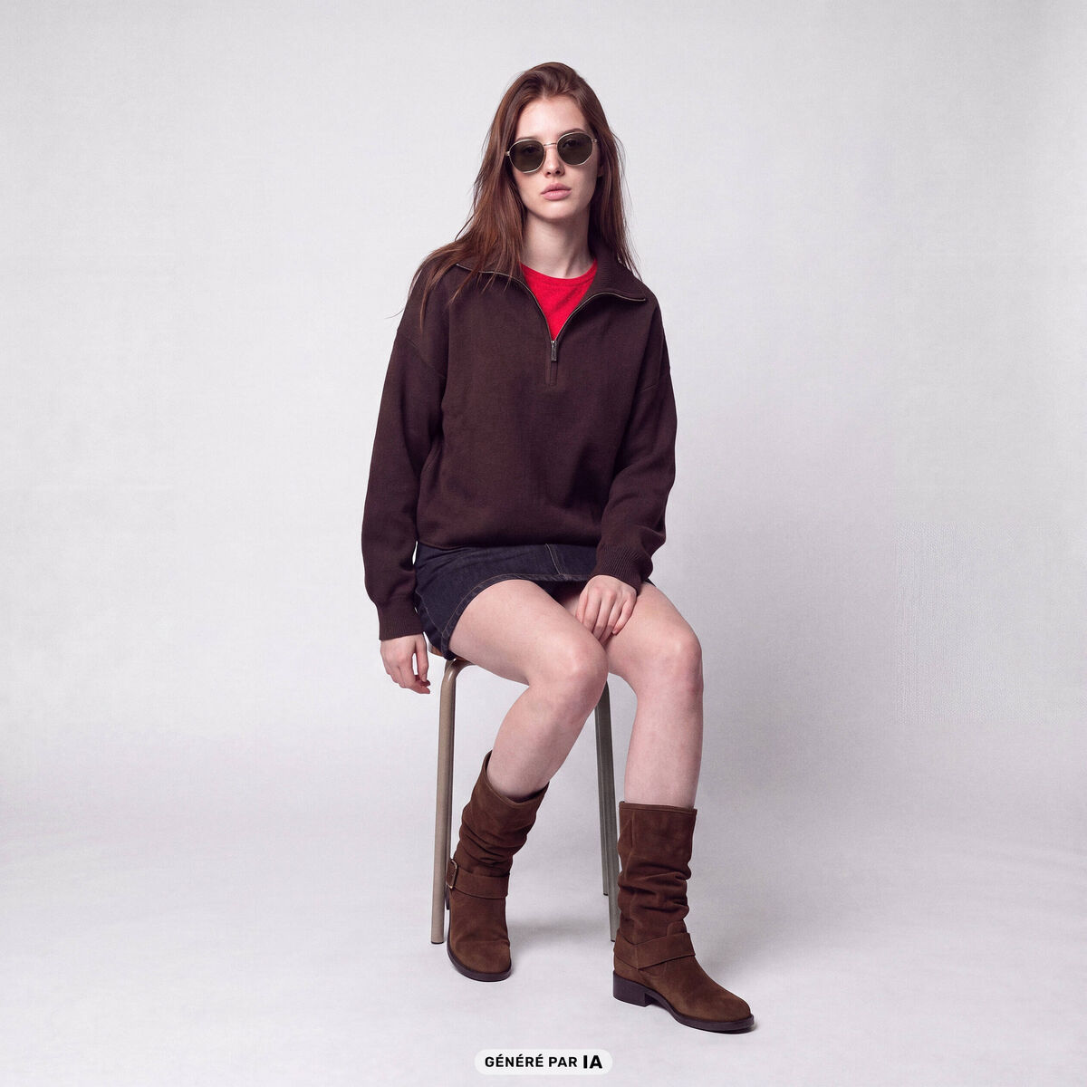 Pull col camionneur manches longues marron fonc&eacute;