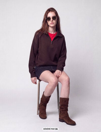 Pull col camionneur manches longues marron fonc&eacute;