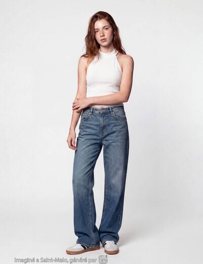 Jean regular taille haute denim double stone ado