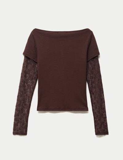 Haut double col bateau manches longues marron fonc&eacute;