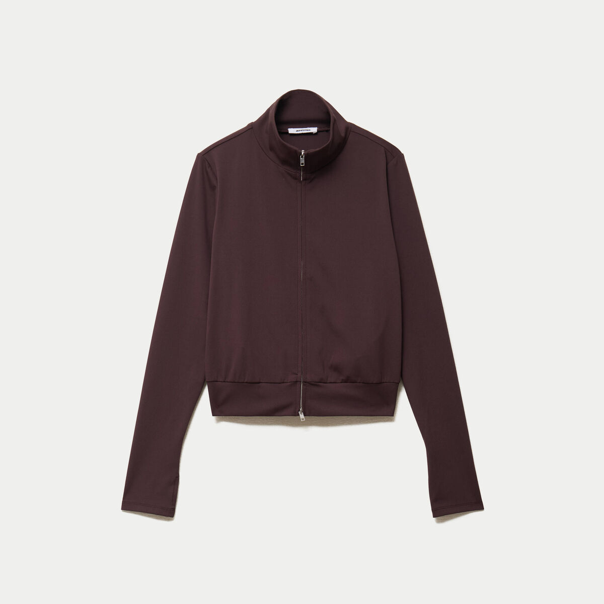 Gilet droit cropped col montant marron fonc&eacute;