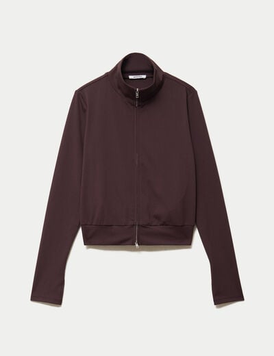 Gilet droit cropped col montant marron fonc&eacute;