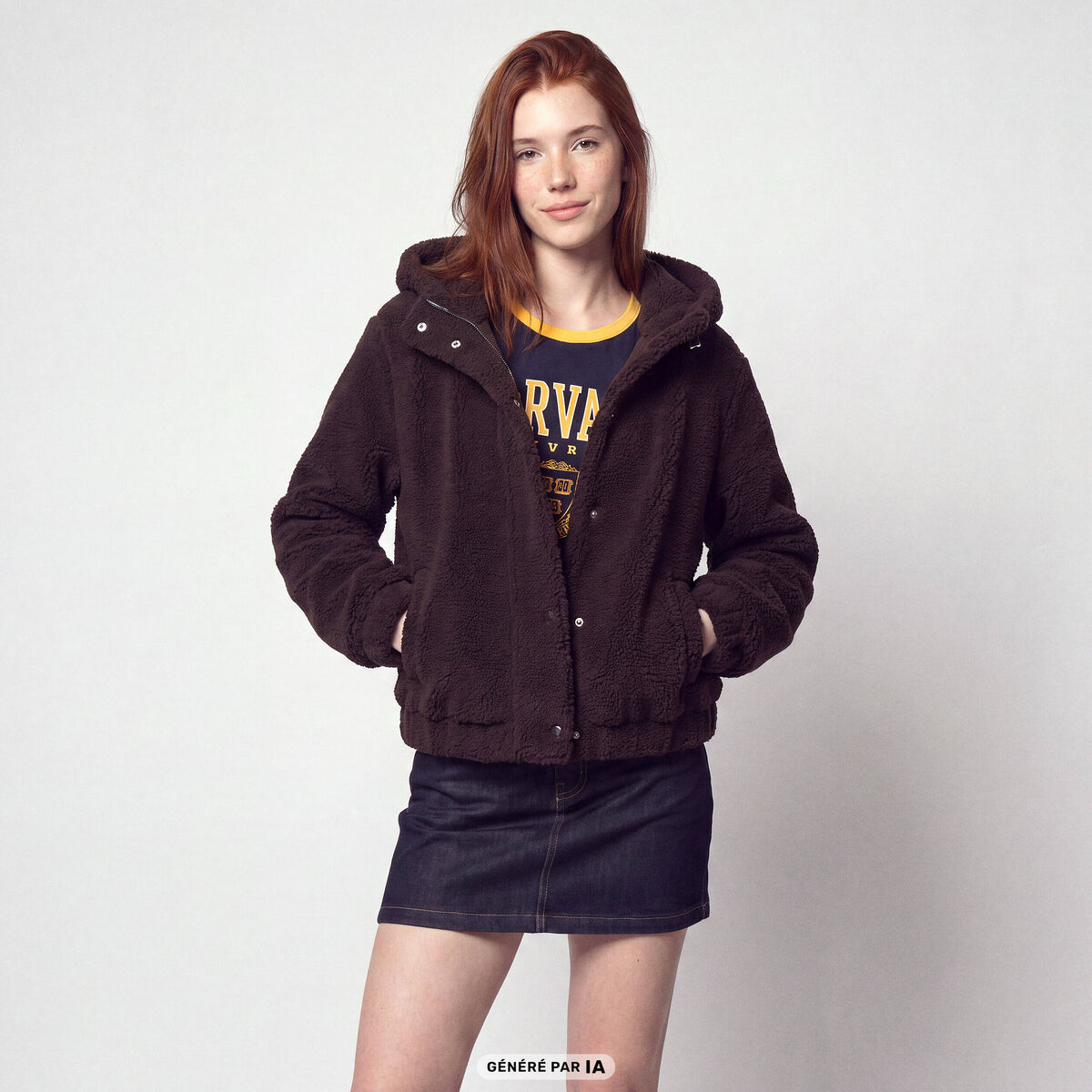 Blouson court droit effet polaire marron fonc&eacute;