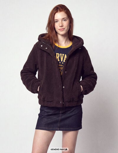 Blouson court droit effet polaire marron fonc&eacute;