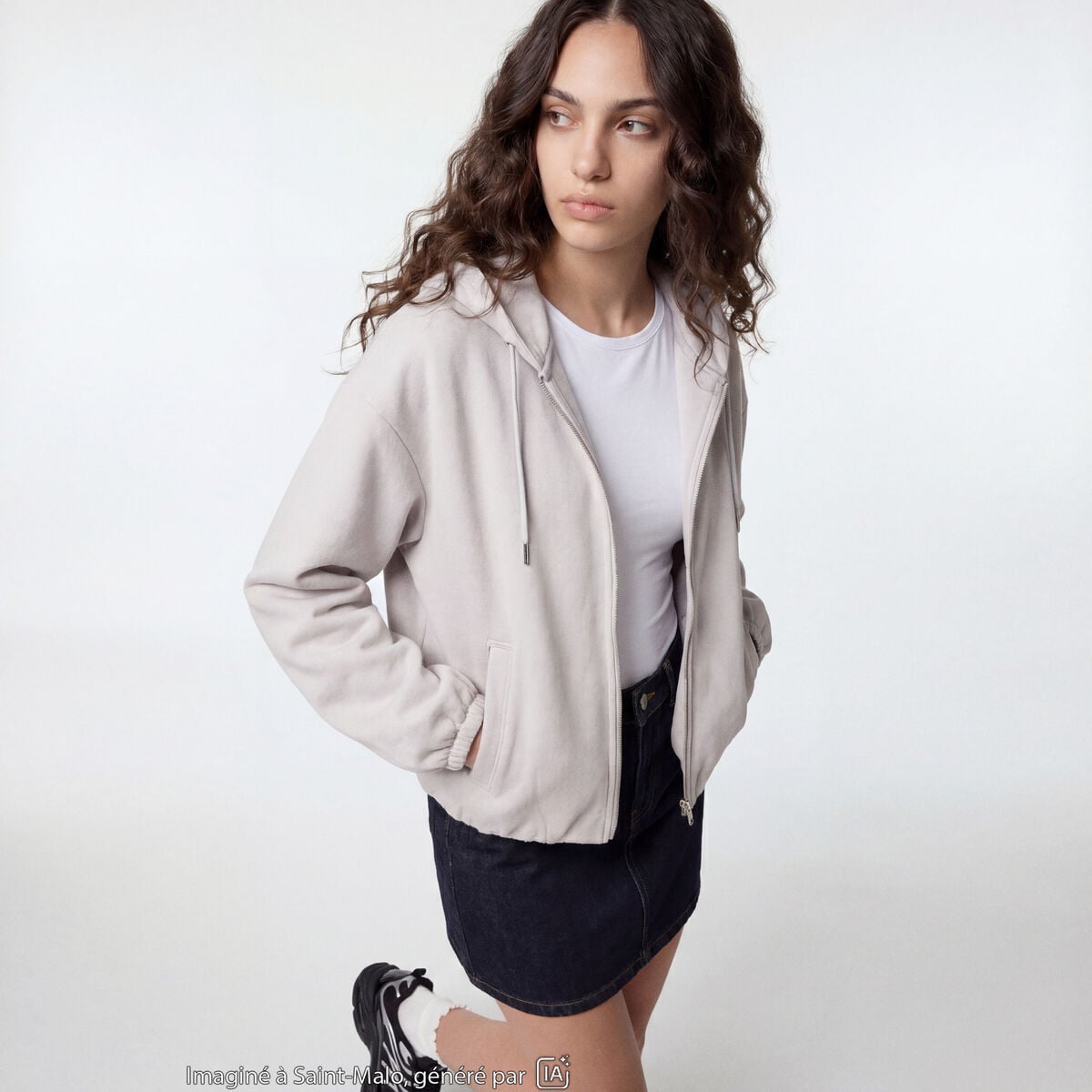 Blouson cropped effet boule &agrave; capuche beige