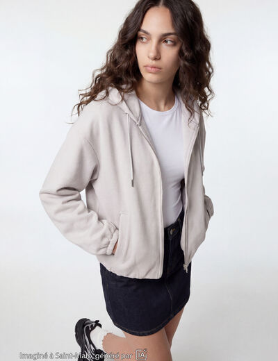 Blouson cropped effet boule &agrave; capuche beige
