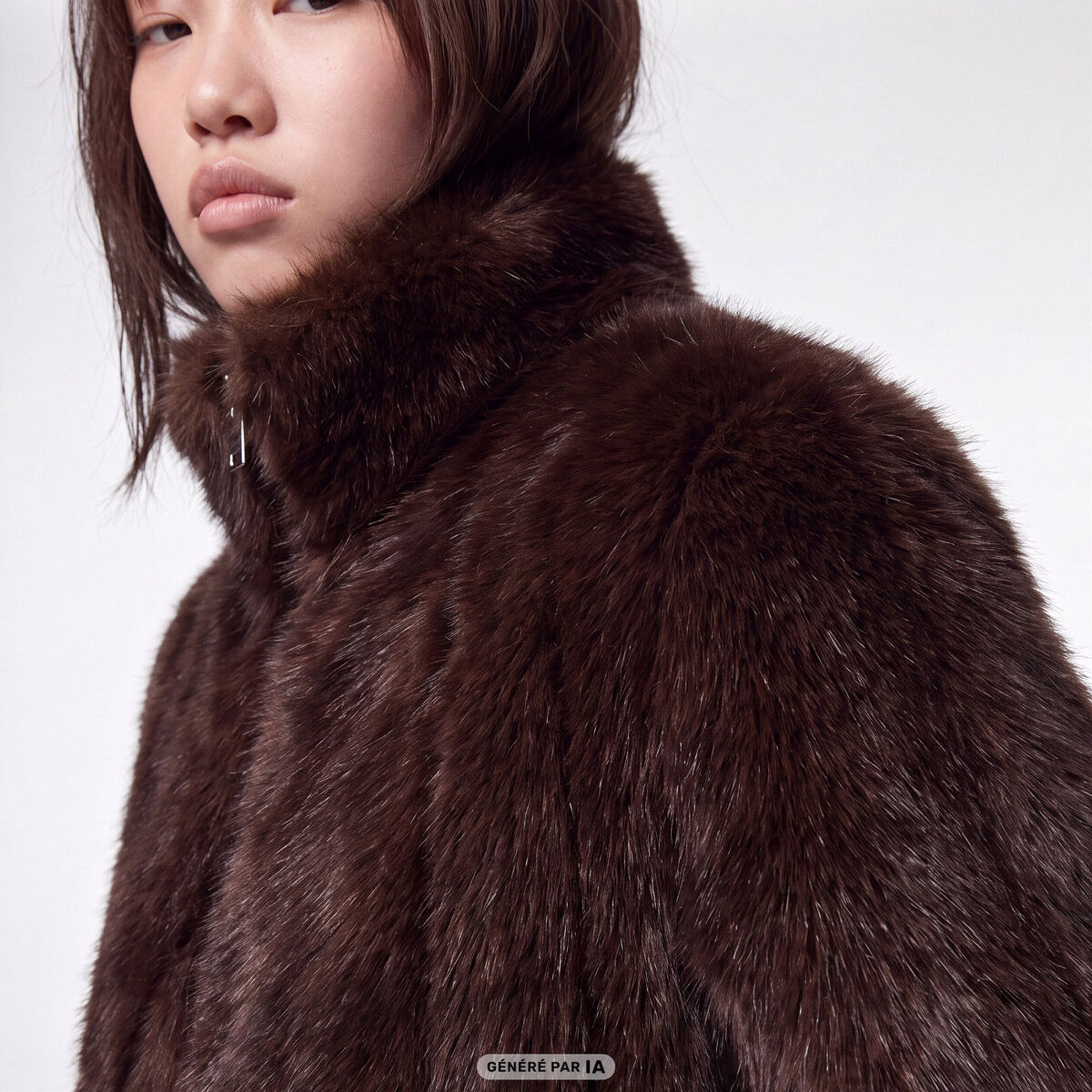 Manteau droit court fausse fourrure marron fonc&eacute;