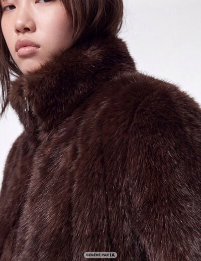 Manteau droit court fausse fourrure marron fonc&eacute;
