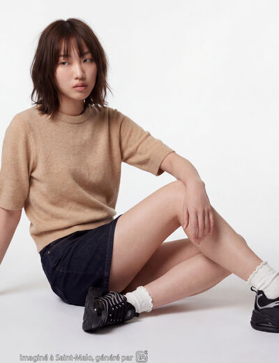 Pull col rond manches courtes beige