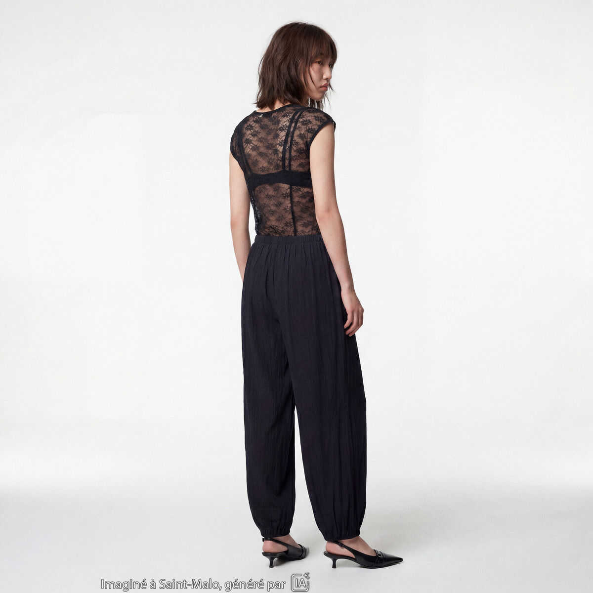 Pantalon large en cr&ecirc;pe taille standard noir