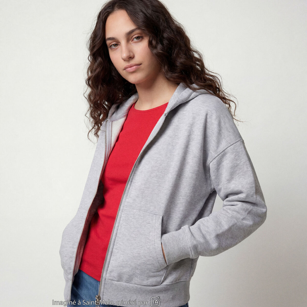 Sweat oversize court &agrave; capuche gris clair