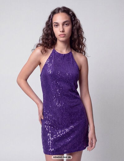 Robe sans manches &agrave; sequins col montant bleu electrique