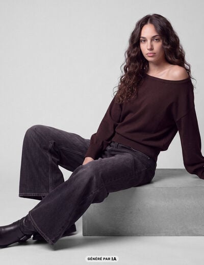 Pull oversize col bardot manches longues marron fonc&eacute;