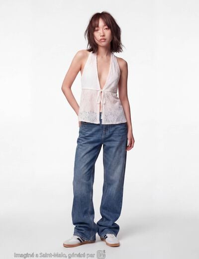 Top cintr&eacute; court sans manches dentelle ecru ado