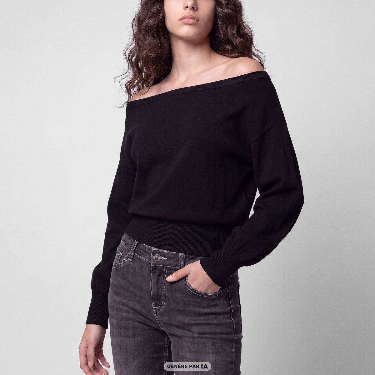 Pull oversize col bardot manches longues noir