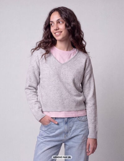 Pull col v manches longues gris clair