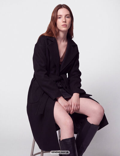 Trench oversize 3/4 col &agrave; pans noir