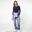 T-shirt cintr&eacute; col rond manches longues bleu marine
