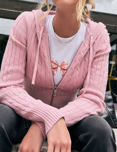 Gilet &agrave; capuche manches longues rose