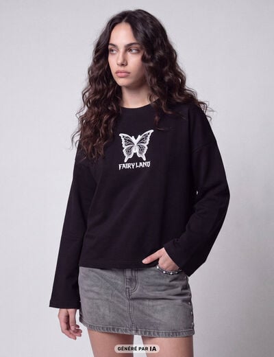 T-shirt ample col rond manches longues noir