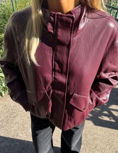 Veste oversize similicuir col biker bordeaux