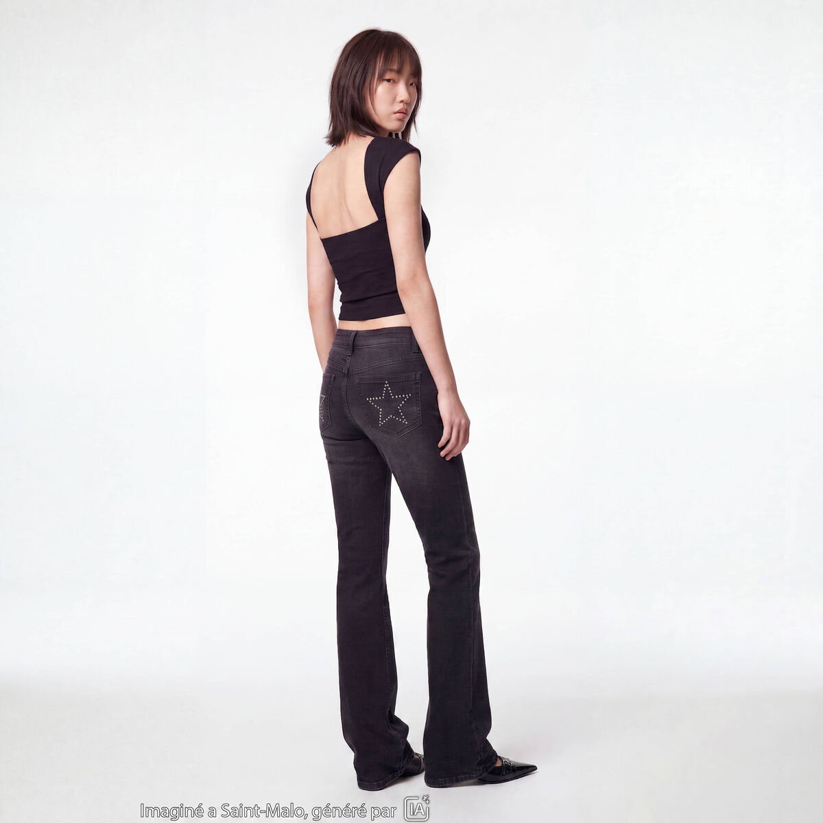 Jean bootcut taille basse denim noir ado